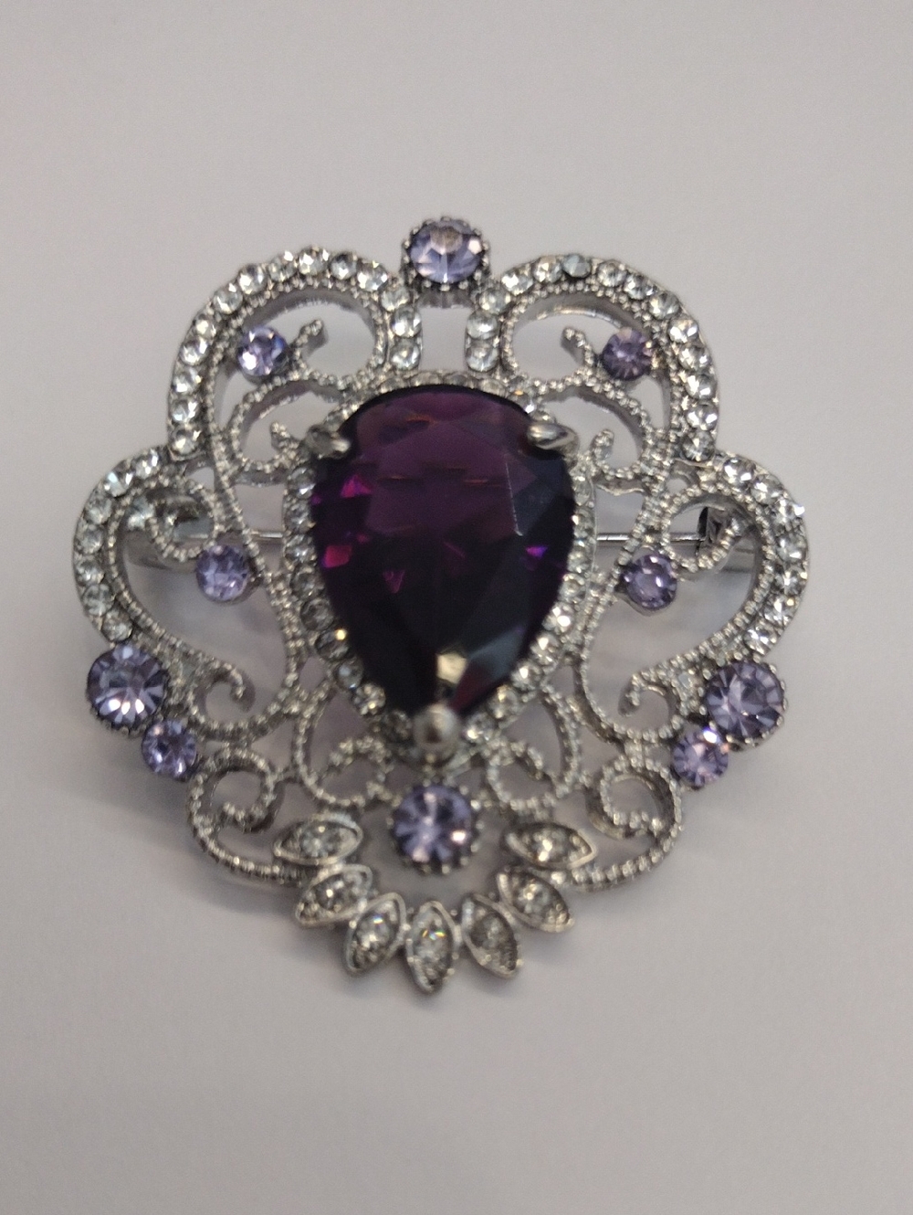 Amethyst Teardrop Filigree Brooch - Silver-Tone Women’s Jewelry